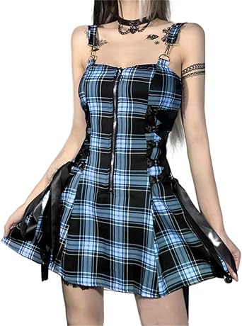 Red Plaid Dress for Women Gothic Vintage Mini Dresses Holiday Outfits Emo Punk