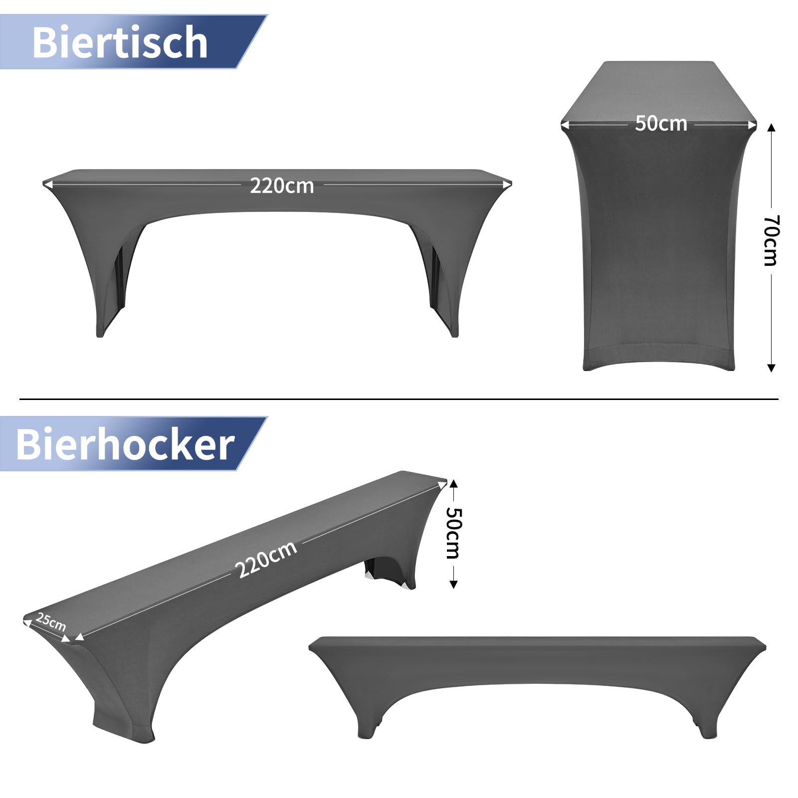 Zwei 3er-Sets Elastische Biertischhussen, Hellgrau Biertisch und Bankabdeckung,50 cm Tischbreite, 220 x 50 x 70 cm Bierzeltabdeckung für Bankett-Partys im Freien Bierbank