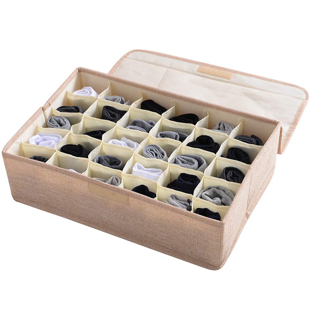 Underwear Drawer Organisers, 30 Grids Ties Socks Underwear Divider Wardrobe Organizer Storage Box with Lid Beige A