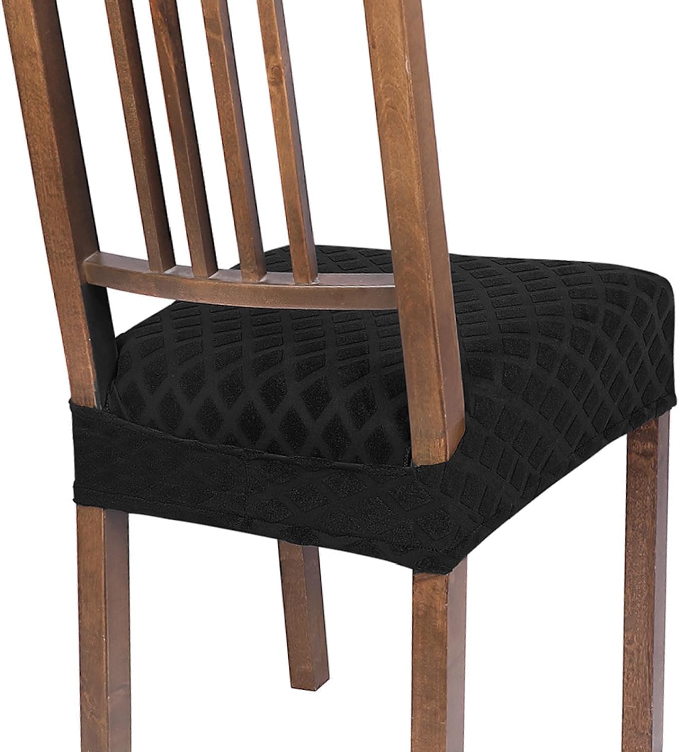 SearchI Stretch Dining Chair Seat Covers Set of 6, Soft Removable Washable Seat Covers for Dining Chairs, Dining Room Seat Cover Slipcover Protector (Rear-Covered, Black Diamond Jacquard)