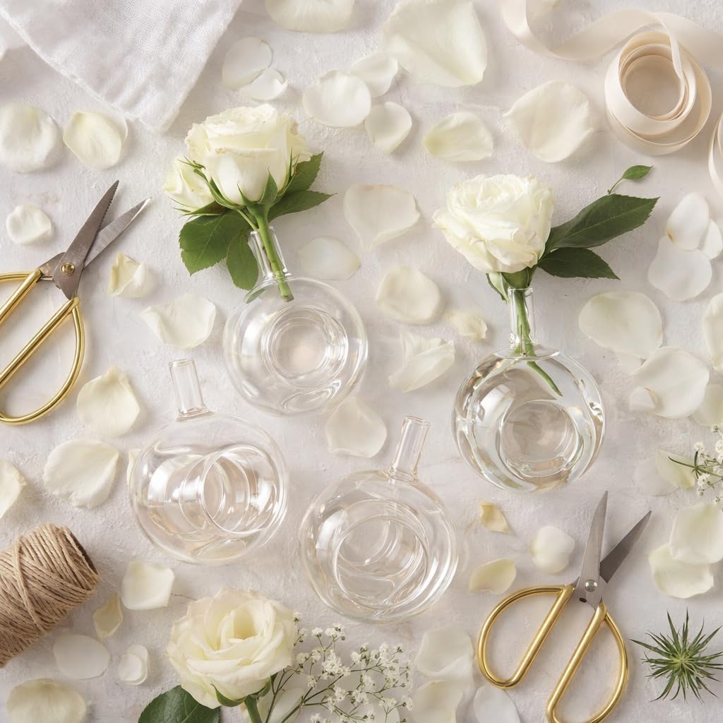 Sitting Pretty Set of 4 Glass Bud Vase Napkin Rings in Gift Box – Hand-Blown Clear Glass Table Décor – 2" x 2" x 3.5" – Elegant Floral Place Setting Accent