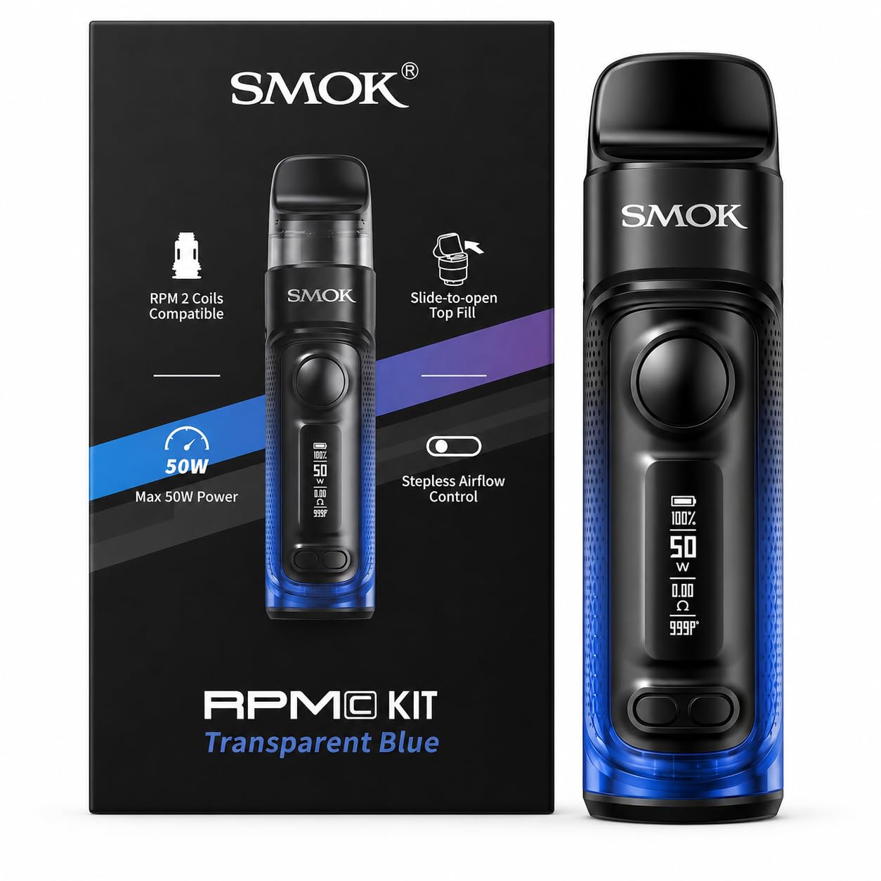 SMOK RPM C Refillable POD Vape Kit [Blue] - Durable Build, All Round Performance, Fast Charging, 50W Adjustable, Compatible with All RPM 2 Coils, Rechargeable E Cigarettes, No Nicotine