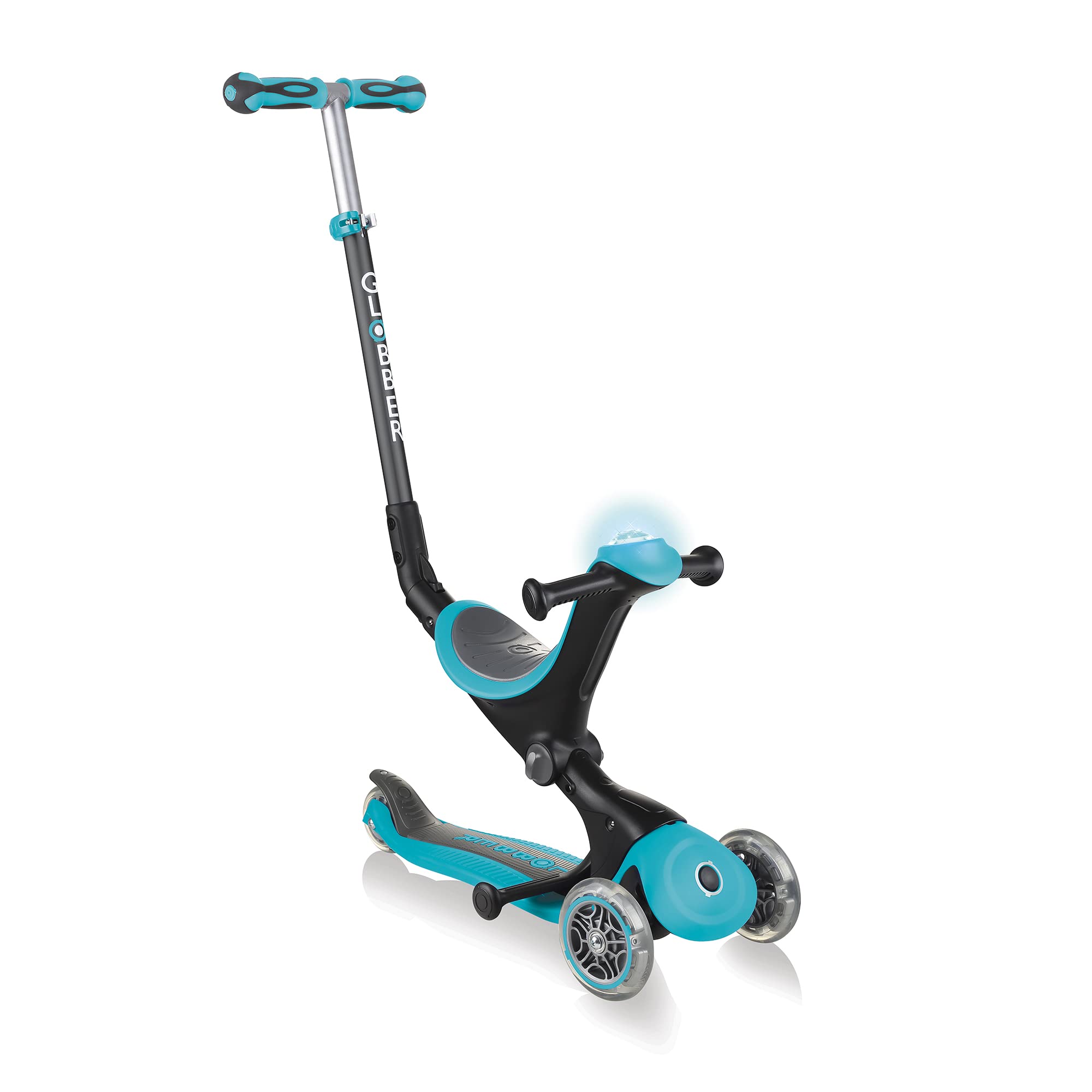 Globber Go Up Deluxe 3 in 1 Kids Ride On and 3 Wheel Scooter With LED and Sound Horn from 15 Months to 9 Years for Boys and Girls - With a 2 Year Warranty