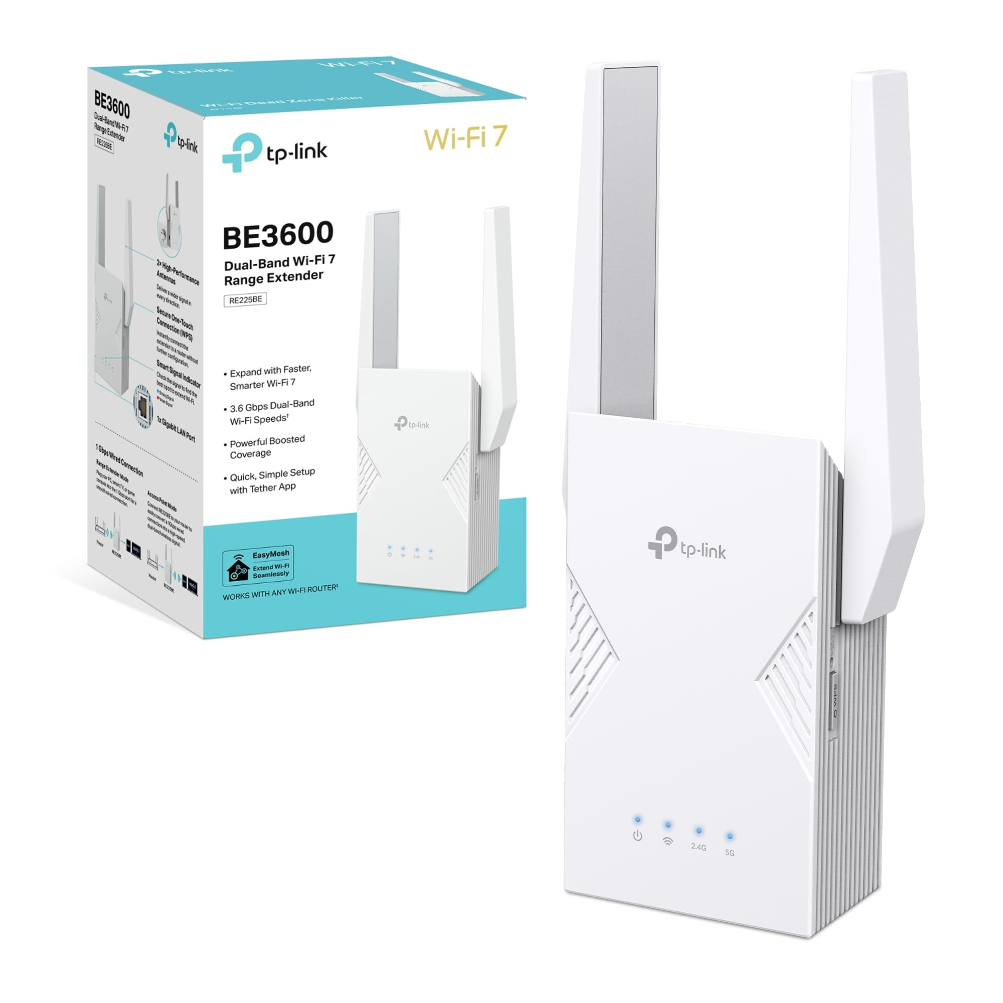 TP-Link WiFi 7 RE225BE Ripetitore WiFi BE3600Mbps, Porta Gigabit | Dual-Band, 2 Antenne Esterne, Canali 160 MHz, MLO, 4K-QAM,Potenzia Copertura, Ideale per Piani con Segnale Debole