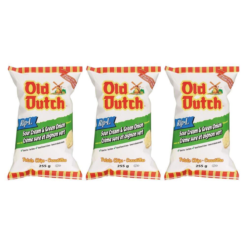 Old Dutch Rip-L Sour Cream & Green Onion Gulten Free Potato Chips 255g/8.9oz, 3-Pack {Imported From Canada}