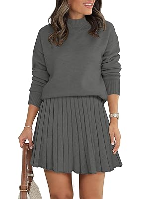 Women's Two Piece Outfits Turtleneck Long Sleeve Ribbed Knit Tops Pleated Mini Skirt 2026 Casual Sweater Sets