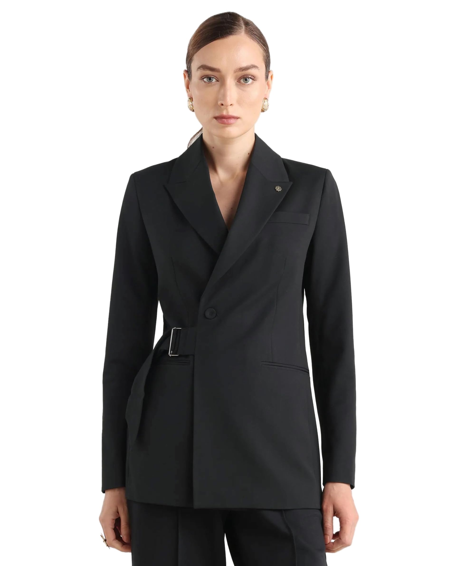 rareism Women Regular Solid Black Polyester Blend Notch Lapel Long Sleeve Blazer-picture-27