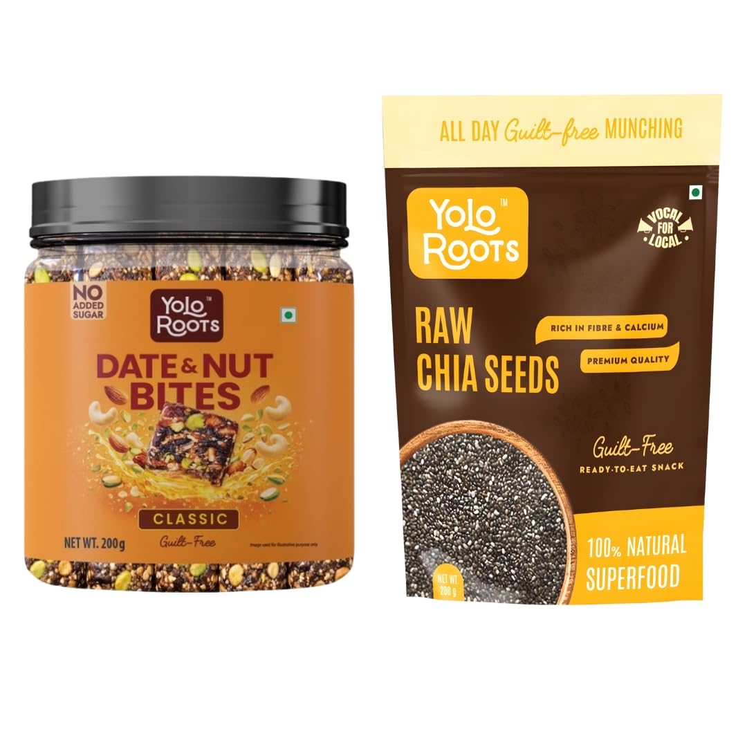 Yolo Roots Date & Nut Bites Barfi 200g (10 Pieces) & Raw Chia Seeds 200g Combo | Dates, Almonds, Cashews & Pista Sweet with Natural Chia Seeds | Ready-to-Eat Snack Pack (Pack of 2)