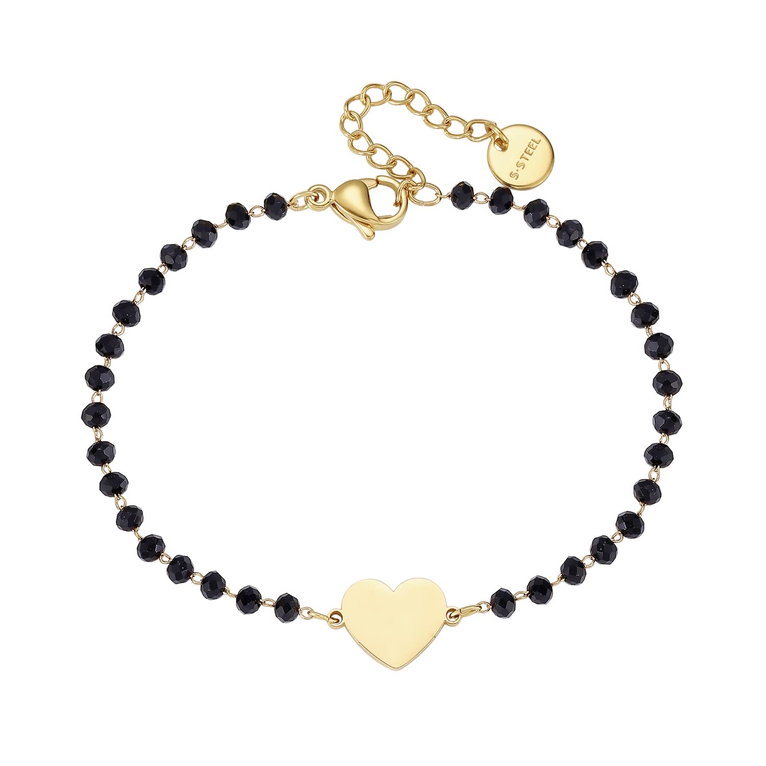 pengjin-Bracciale con ciondolo a quadrifoglio portafortuna, in acciaio inox, con perline nere, semplice braccialetto portafortuna