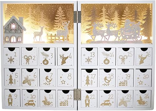 Miniatura 4 de PIONEER-EFFORT Calendario de Adviento navideño de madera con escena de bosque invernal iluminada por LED, cuenta regresiva de 24 cajones con diseño