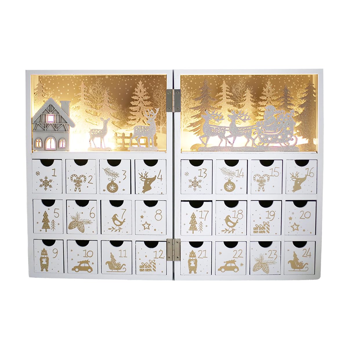 PE Weihnachten Adventskalender zum Befüllen Holz mit LED Kinder -Winterwald Szene-24 Schubladen Weihnachtskalender mit Silber Rentier Dekorative & Funktionale Aufbewahrung von Weihnachtsgeschenken