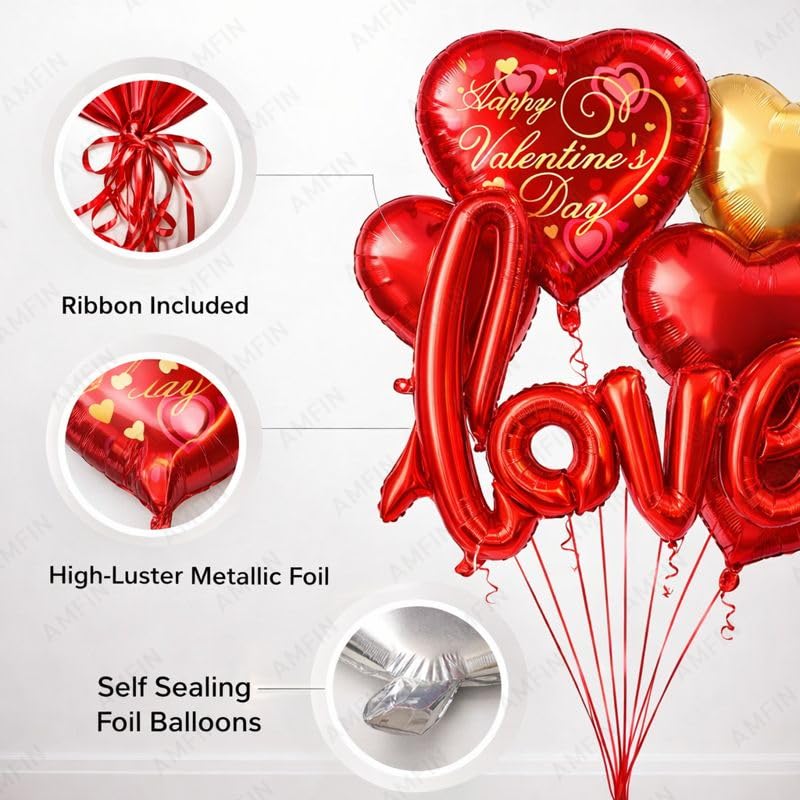 Image of AMFIN (Pack of 7) Happy Valentine Day Foil Balloon Bouquet Love Cursive Heart Romantic Decoration Item - Red Gold