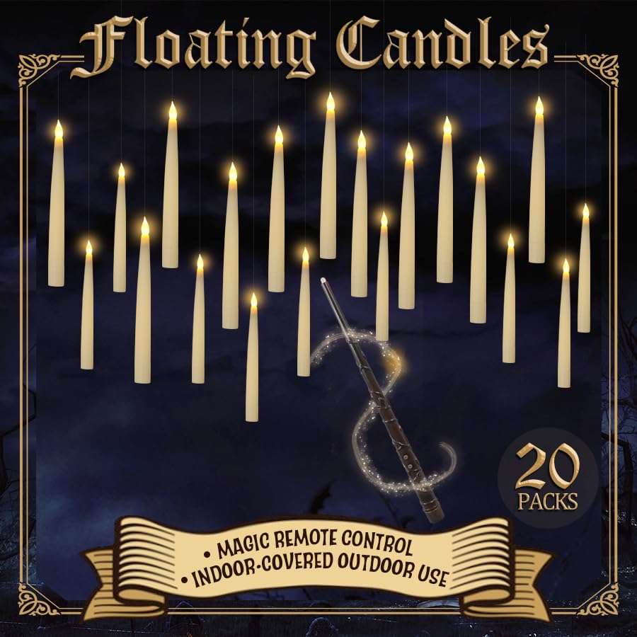 HEMEIYU 20pcs Halloween Flameless LED Floating Candles with Magic Wand Remote - Floating Hanging Home Decorations for a Spooky Atmosphere-Perfect for Festive Home Display, White