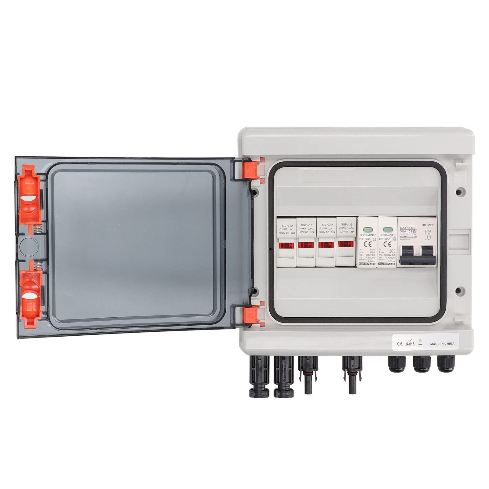 Scatola Combinatrice Solare Fotovoltaica a 4 Stringhe, Scatola di Distribuzione Fotovoltaica PC PA66 DC1000V 15A Fusibile 32A Interruttore, 2 in 2 out Protezione Contro i Fulmini IP65 per