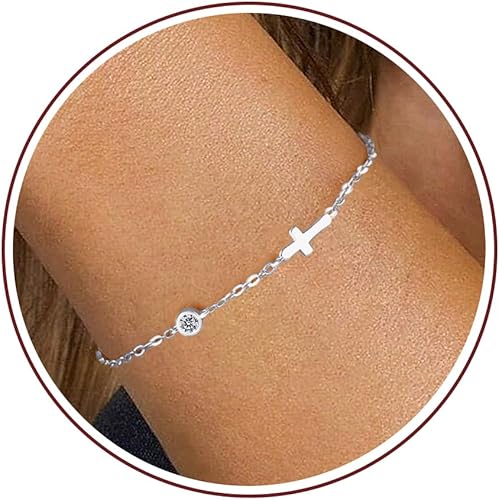 Cross Bracelet with Birthstone Dainty Gold Bracelets for Women Birthday Gift Christian Gifts for Her Religious Faith Baptism Confirmation Gifts for Teen Girls Christmas Jewelry for Sister Daughter Granddaughter Girlfriend