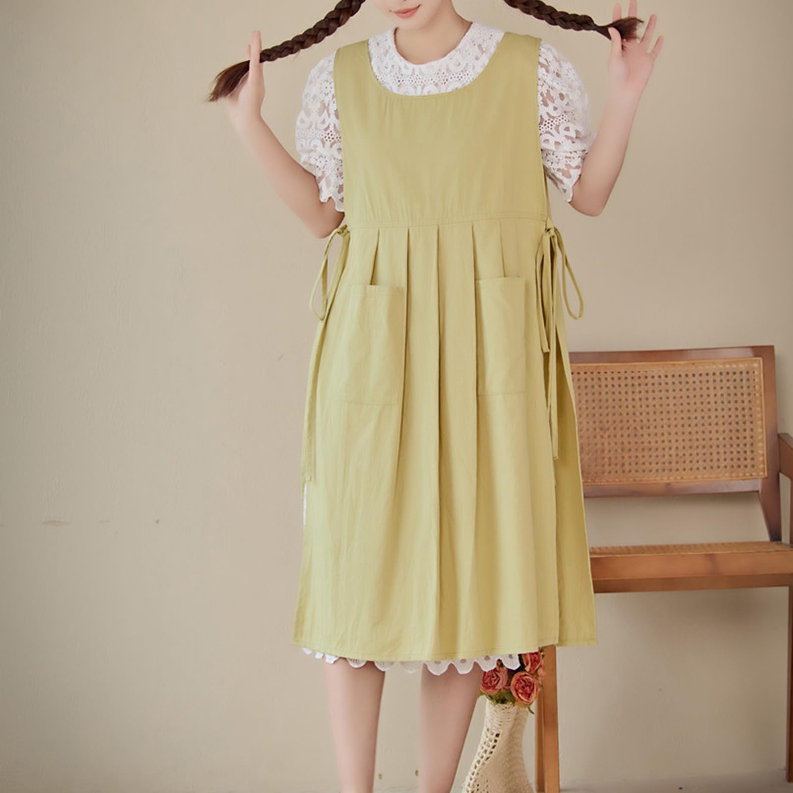 Tabliers de Cuisine en Coton pour Femme, avec Poches, idéal pour la Peinture et Le Jardinage, Taille Unique, Bleu (Vert, Taille Unique)