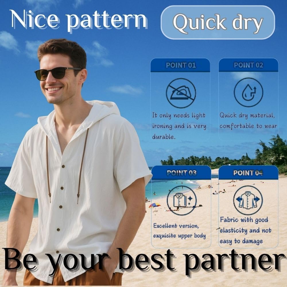 Camicia da uomo, in cotone e lino, con cappuccio, a maniche corte, da spiaggia, estiva, elegante