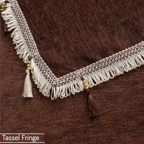 Image of HOKIPO 'Serenity Tassel' Chenille Sofa Cover 5 Seater Set with Tassels - Washable 3+1+1 Sofa Cover Mat | Chestnut Luke (IN-890 * 2 + IN-892 - BR)