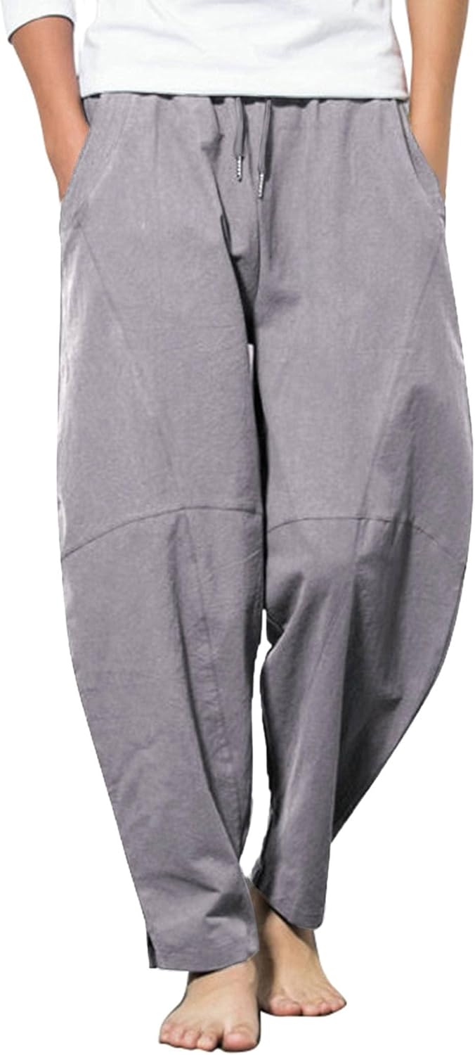 COOFANDY Men's Linen Trousers, Long Loose Fit Summer Trousers, Lightweight Casual Trousers, Holiday Beach Trousers, Yoga Trousers, Harem Trousers, Hippie Long Trousers