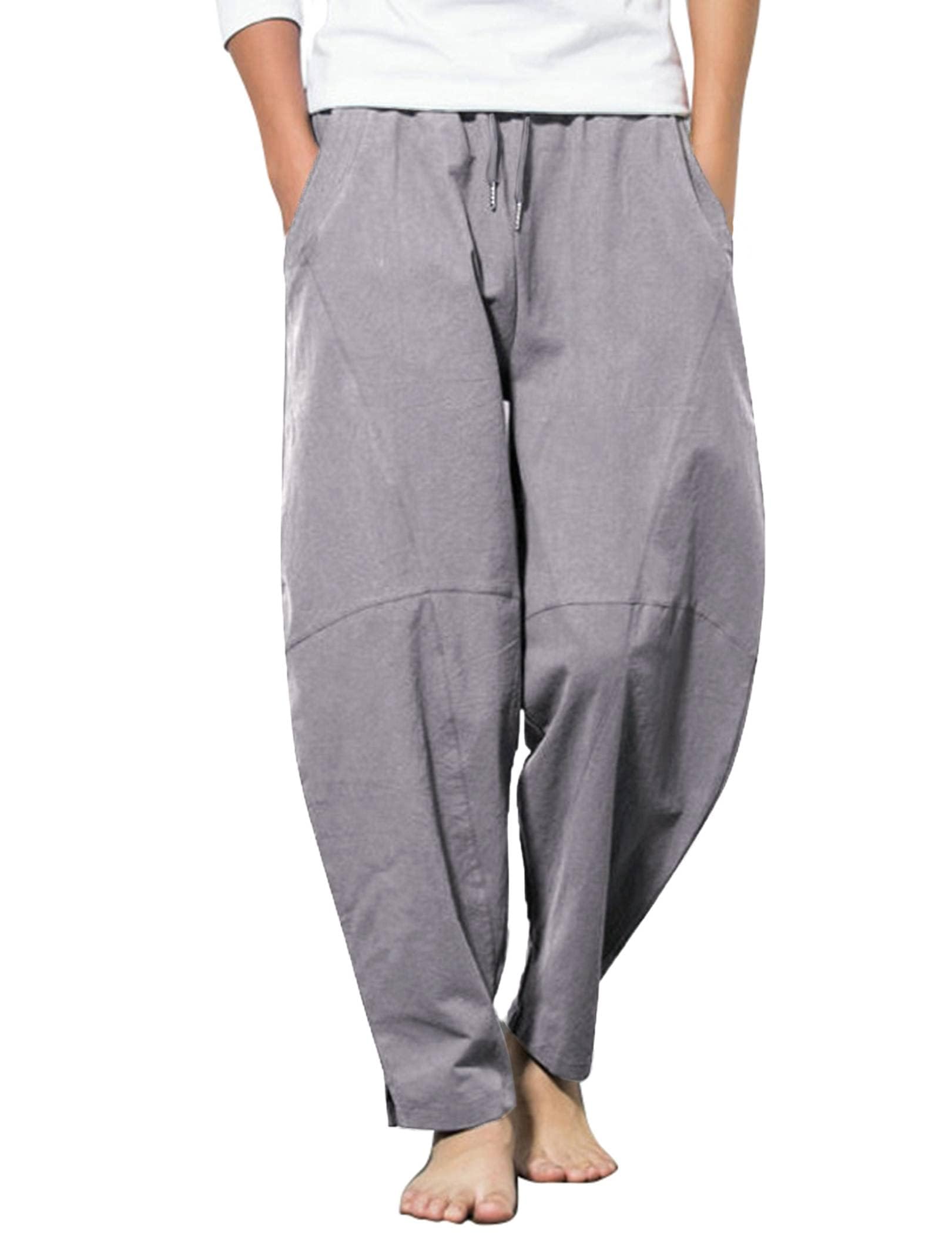 COOFANDY Men's Linen Trousers, Long Loose Fit Summer Trousers, Lightweight Casual Trousers, Holiday Beach Trousers, Yoga Trousers, Harem Trousers, Hippie Long Trousers