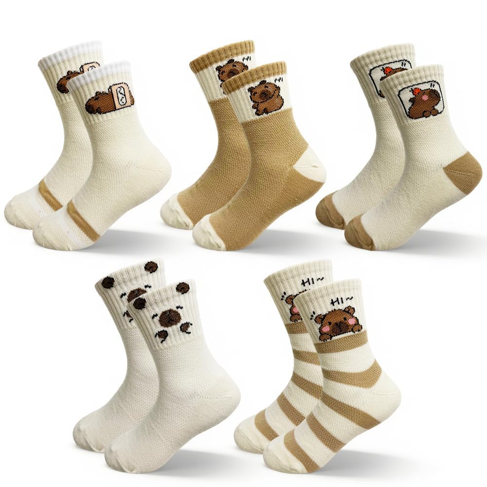 Fddkvlz Boys Brown, Khaki/White 5 Pairs Capybara Socks,Capybara Themed Cotton Socks For Kids,Funny Novelty Socks Set Skid Sock For And Girls