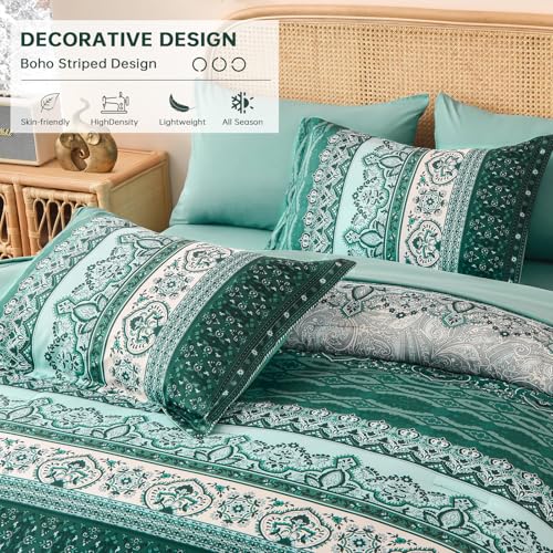 Image of Cottolester Boho Comforter Set Full Size,8 Pieces Teal Green Bohemian Striped Bed in a Bag,Paisley Soft Microfiber Bedding Comforter Set