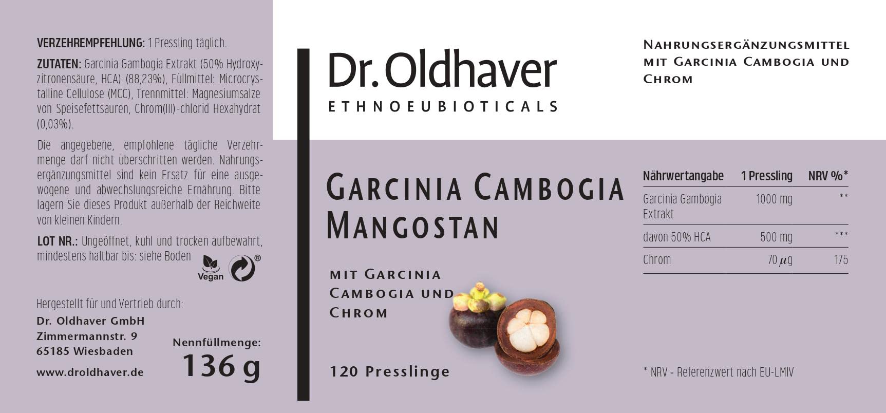 Dr. Oldhaver Garcinia Cambogia Mangostan Extrakt (120 Presslinge) - Hydroxy Zitronensäure (HCA) - Hochdosiert | mit Chrom für Stoffwechsel und Blutzuckerspiegel