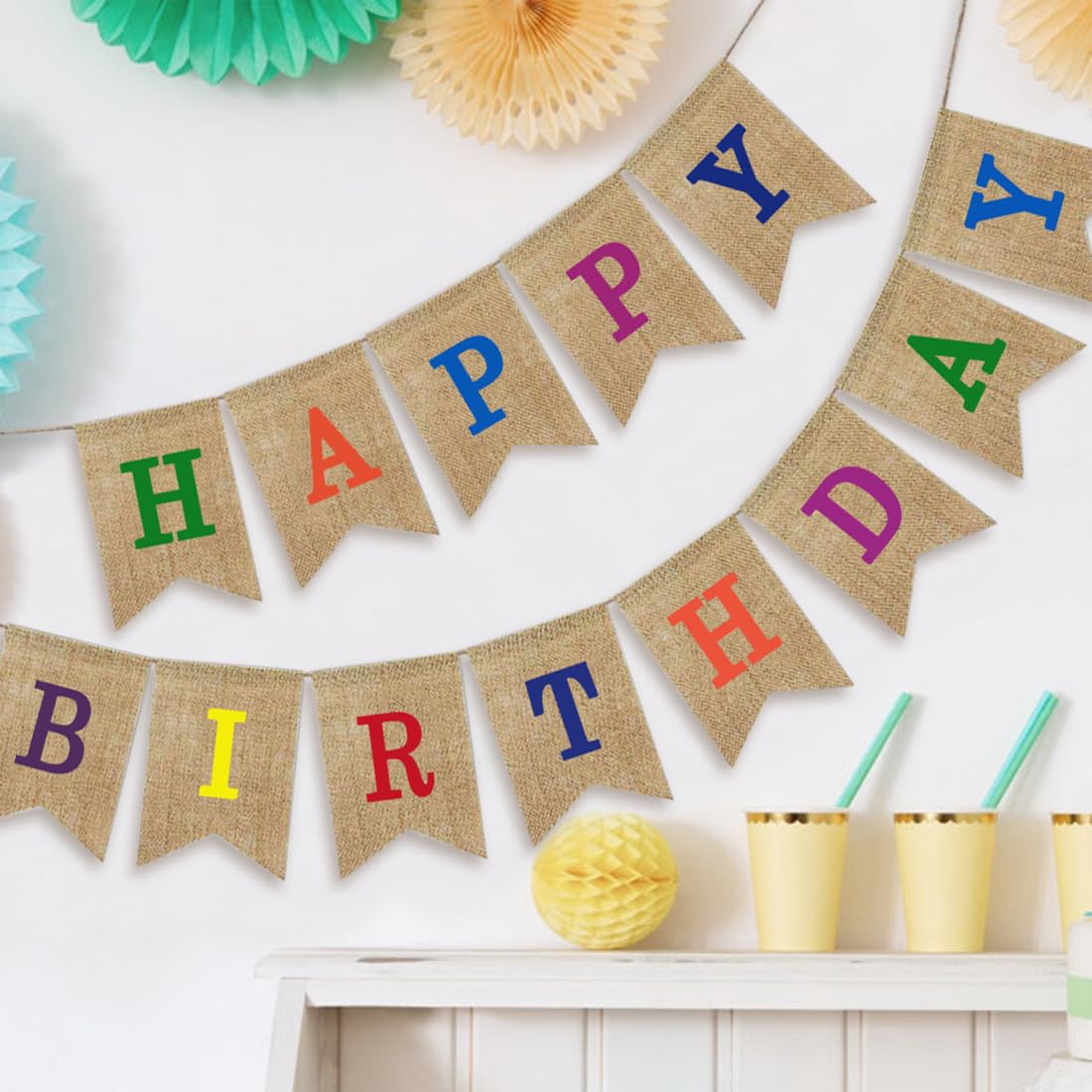 G2PLUS Happy Birthday linnen slinger, vintage, decoratie