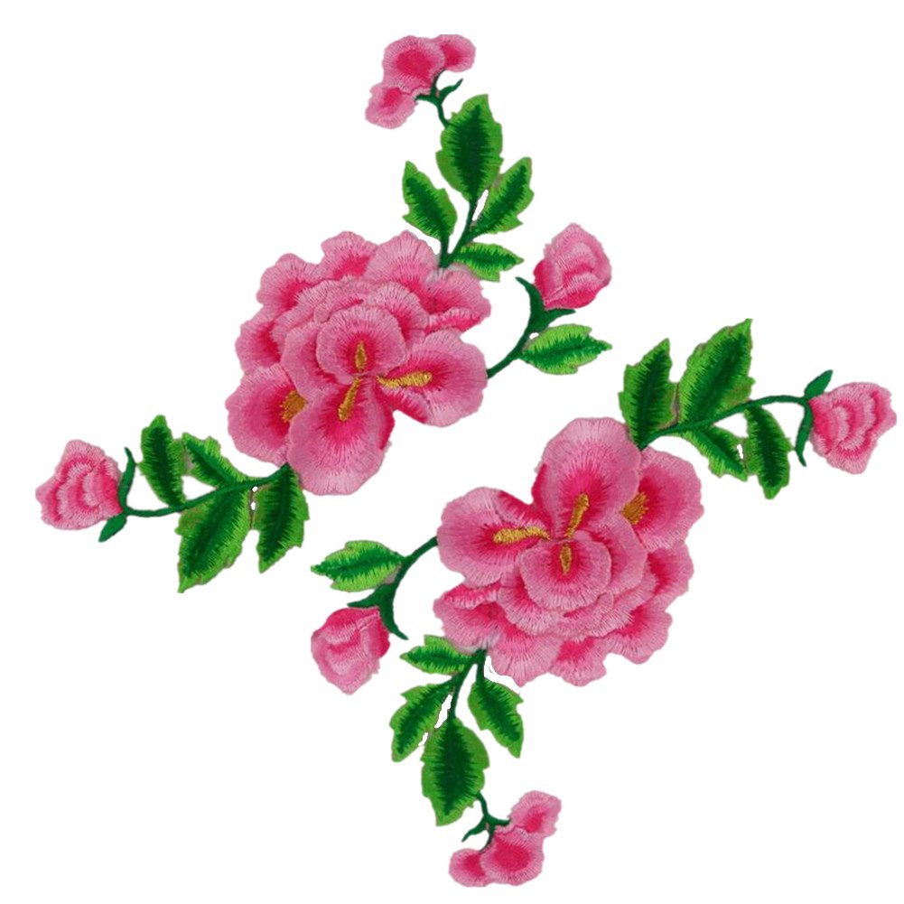 (Pack of 2)Double Layers Peony Flowers on Vine Embroidered Appliques Sew or Iron on Patches-Rose