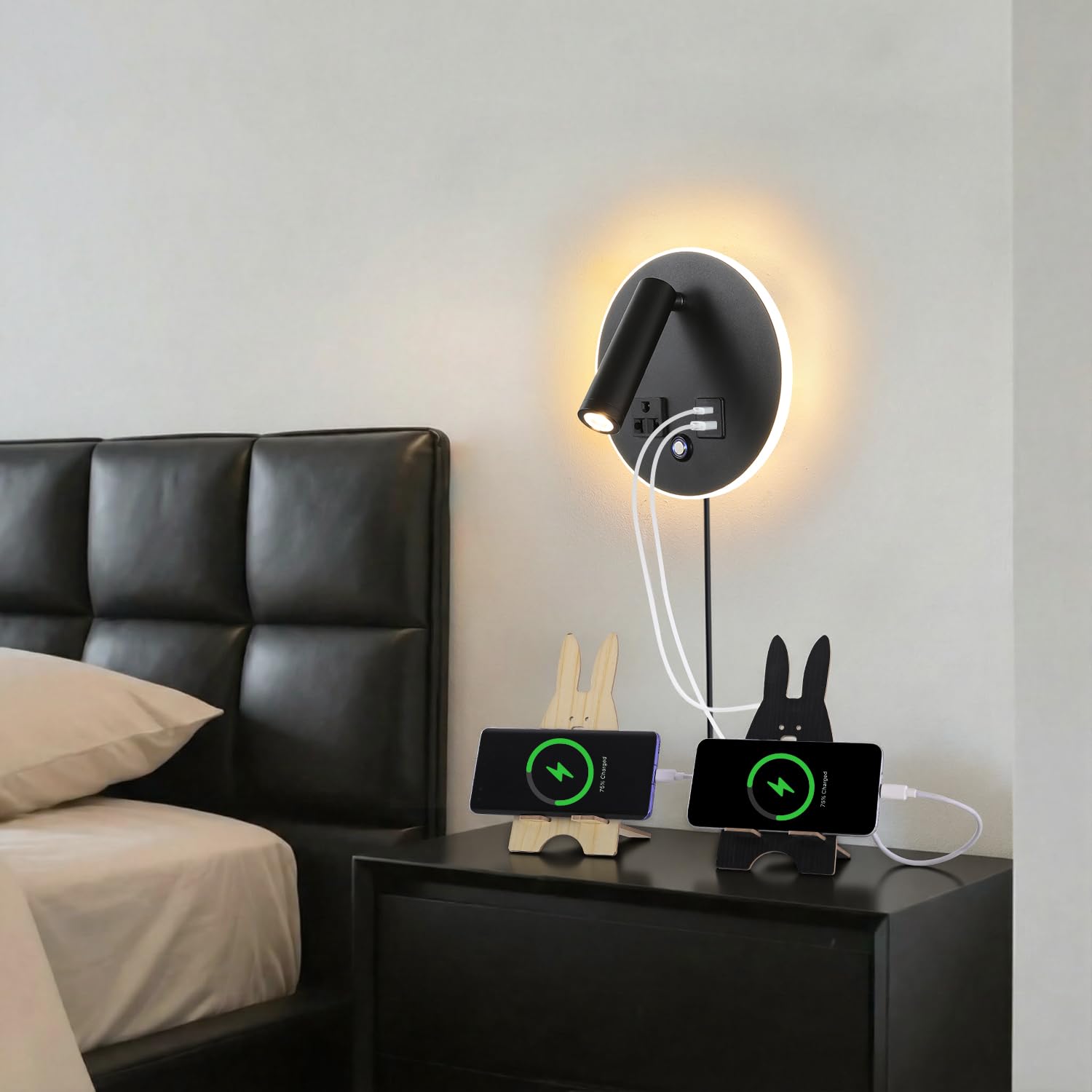 Możliwość ściemniania, regulowana lampa do czytania na ścianie, sterowanie dotykowe, port ładowania USB C+A, do sypialni/salonu z odłączanym kablem