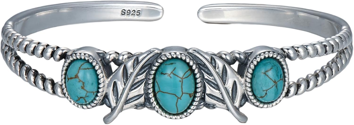 Genuine Turquoise Bracelet Cuff Bracelet for Women Mom 925 Sterling Silver Natural Turquoise Bangles Vintage Bracelet Boho Jewelry for Birthday Christmas Mother's Day Valentine's Day