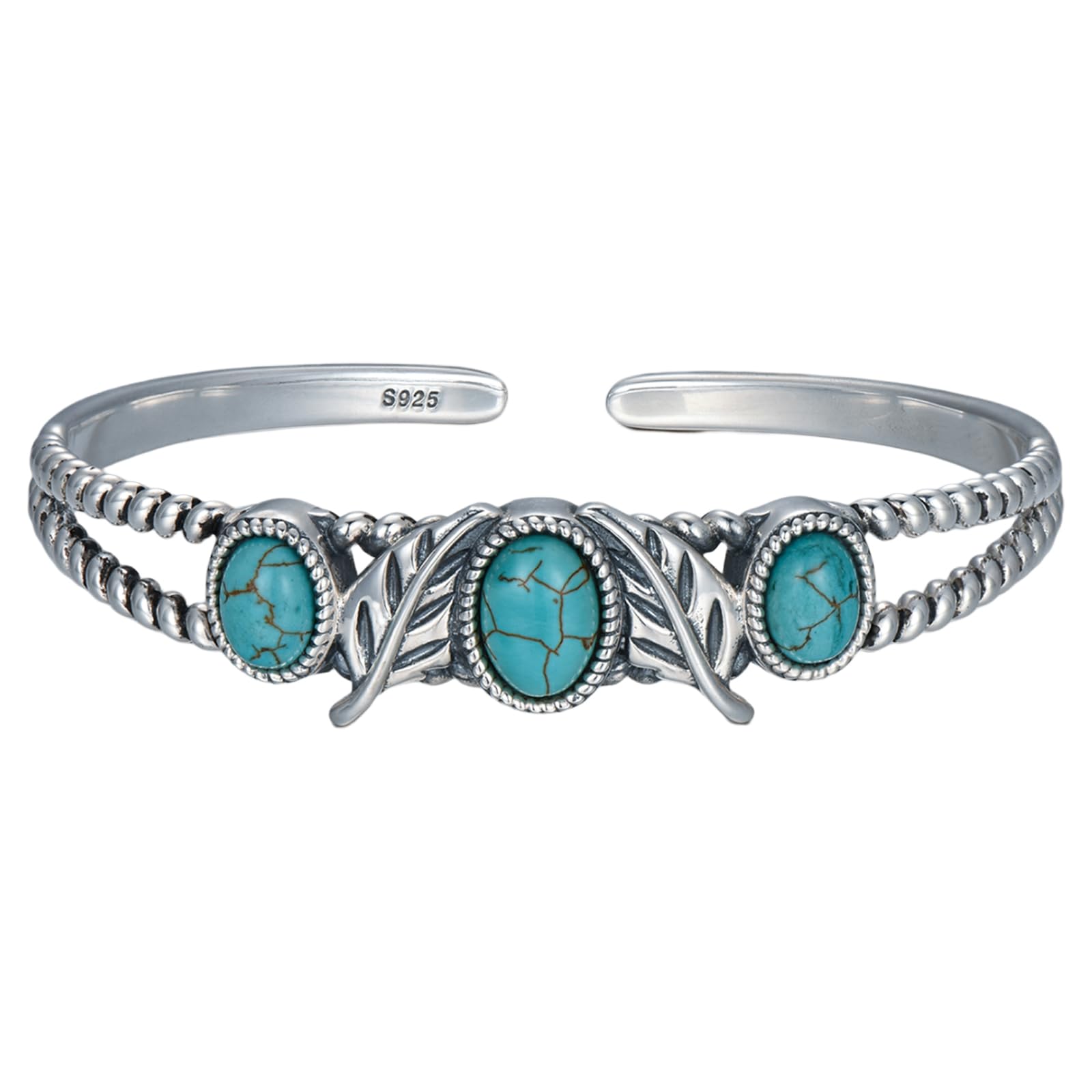 BETHZA Genuine Turquoise Cuff Bracelet 925 Sterling Silver