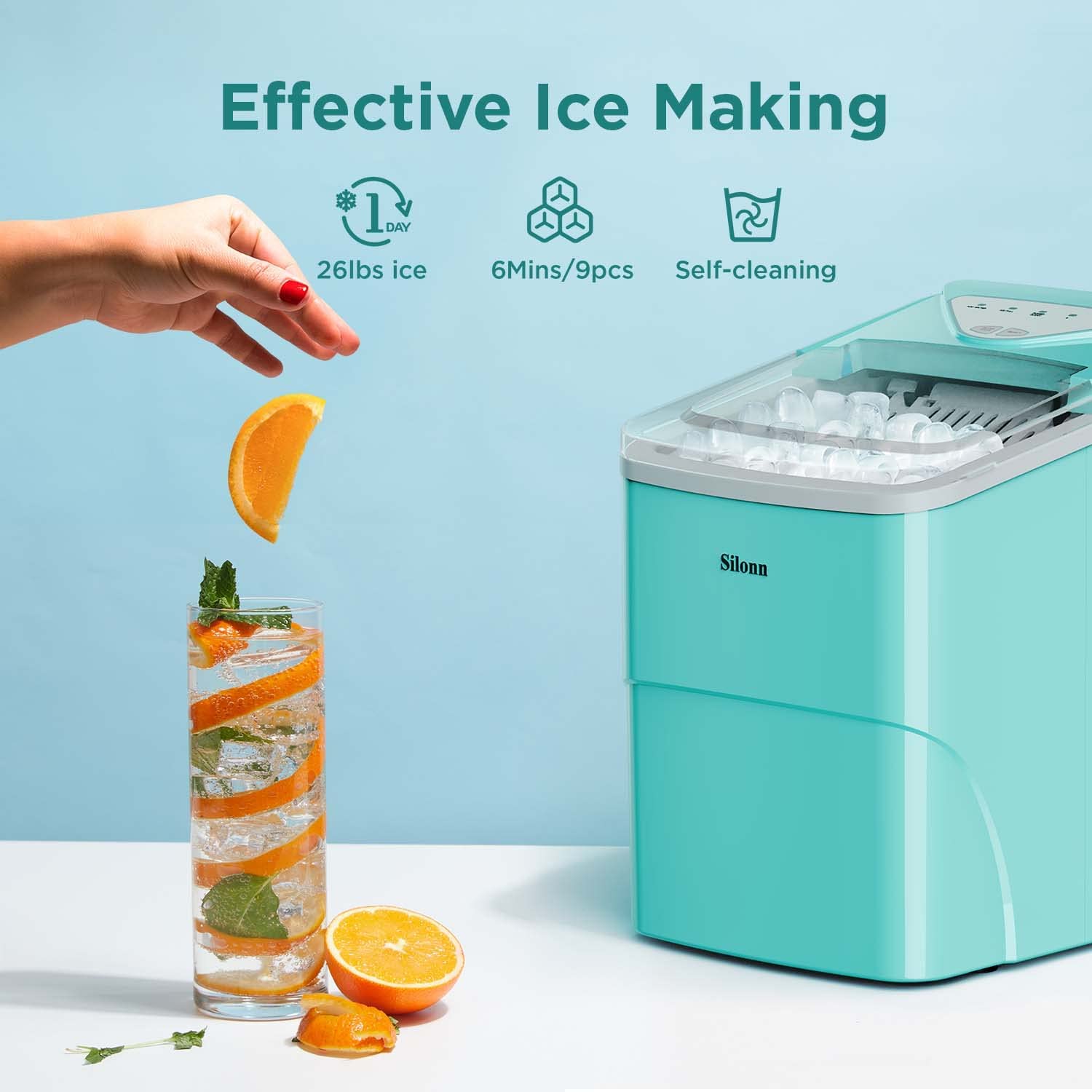Silonn Ice Makers Countertop, 9 Cubes Ready In 6 Mins, Self-Cleaning Ice Machine With Ice Scoop And Basket, 26lbs In 24hrs, 2 Sizes Of Bullet Ice For Home Kitchen Office Bar Party, Green on Fridge.com - View 2