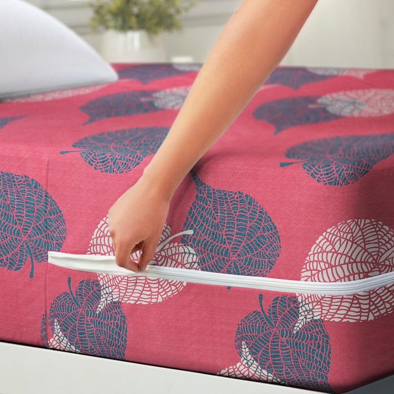 Image of HOMEKART Cotton Floral Printed Double Mattress Protector /Cover with Zipper Chain| All Around Protection with 360 Encasing| Breathable & Dustproof, 78x72x6 Inches -Pink