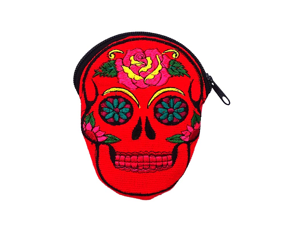 Day of the Dead Sugar Skull Shaped Floral Embroidered Coin Purse Pouch - Womens Fashion Handmade Bags Boho Travel Accessories (Red)