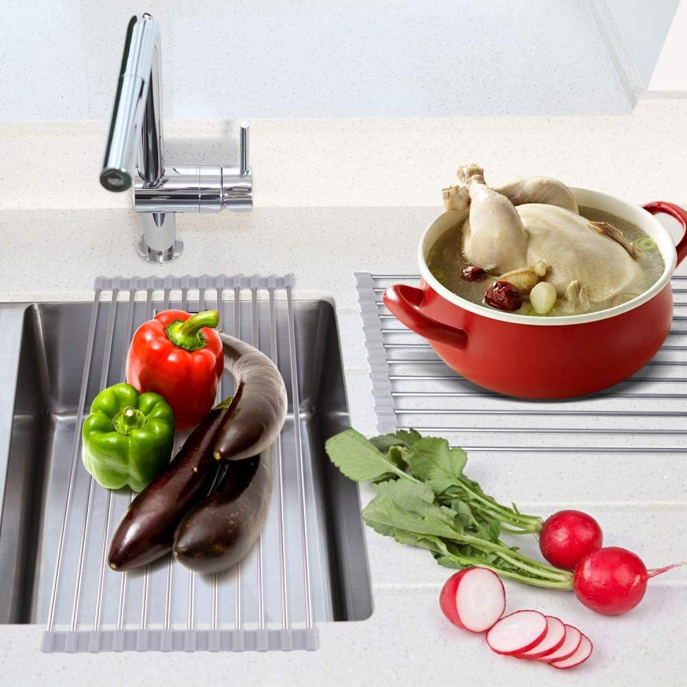 Rejilla para Secar Platos, Escurridor De Platos Plegable Ideal para Frutas, Verduras, Platos, Acero Inoxidable con Revestimiento De Silicona Duradero, 53 X 32 Cm