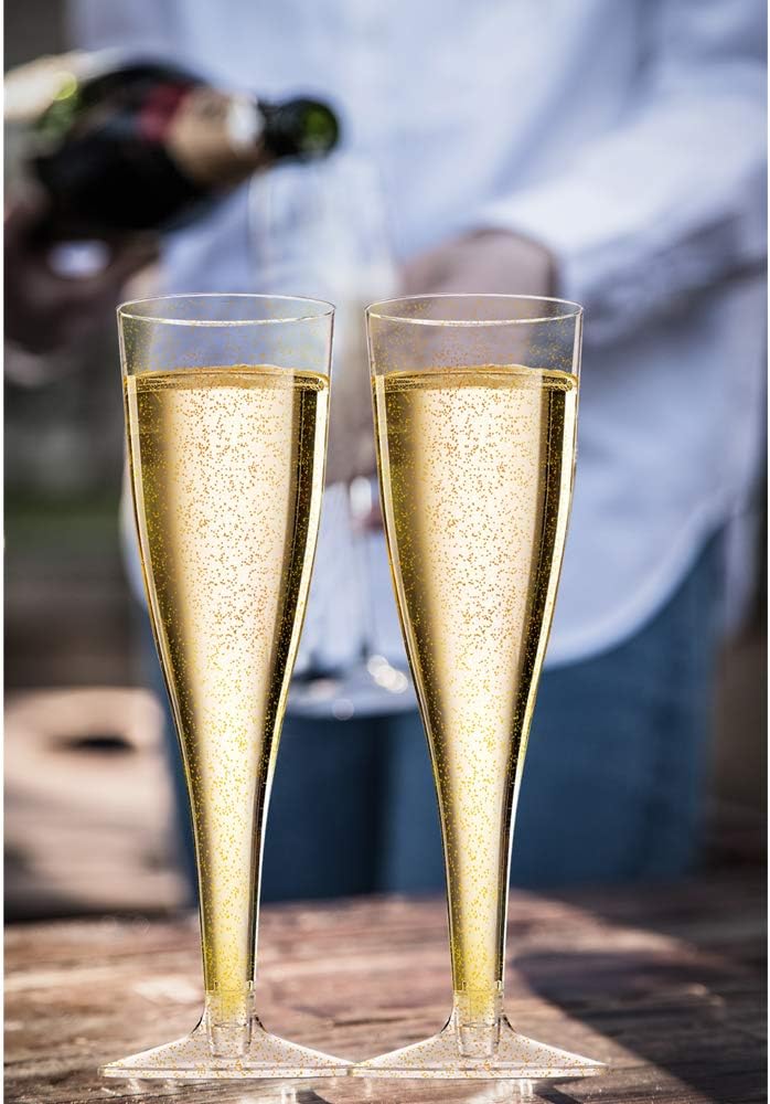 Disposable Champagne Flutes/Plastic Champagne Glasses - 50 Count 5 oz Gold Glitter Plastic Classicware Glass Like Champagne