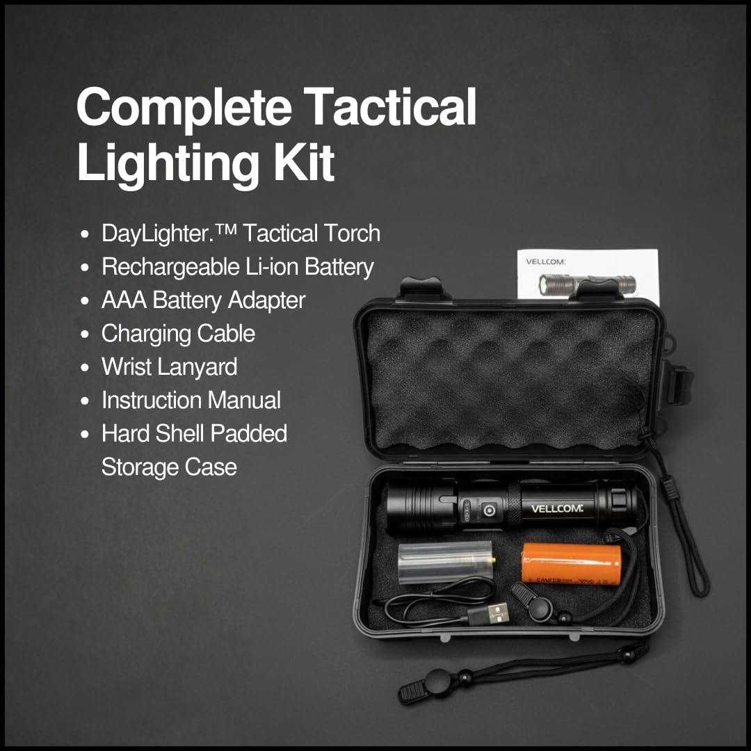 DayLighter™ Lampe torche tactique LED 1800 lumens – Rechargeable et alimentée par piles avec batterie externe, double modes d'éclairage, faisceau de mise au point, IP65 résistant aux