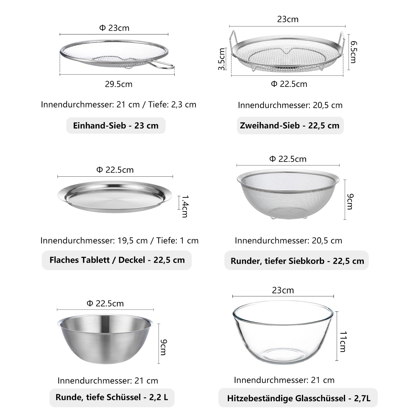 SHIMOYAMA Edelstahl Siebschüssel-Set, 6-teilig, stapelbare Rührschüssel mit Deckel, Kleiner Küchensieb-Set für Backen, Kneten und Snacks