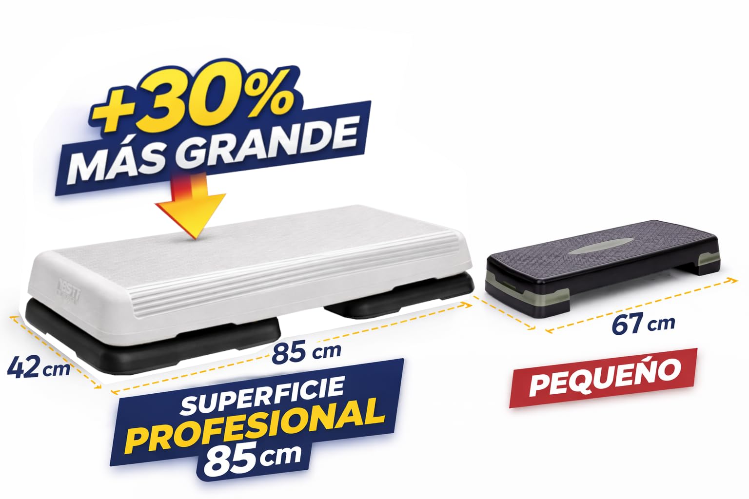Step Aerobic Profesional - Altura Ajustable 11cm/16cm/21cm - Plataforma de Fitness para Casa y Gimnasio - Fabricado en España - Superficie Antideslizante (Step Profesional + 2 Elevadores)