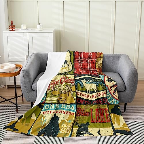 Bear Hunting Blanket for Bed & Sofa - Rustic Farmhouse Fleece, Vintage Woodland Moose Flannel, Retro Buffalo Plaid Fuzzy Blanket, Yellow Red, Twin Size