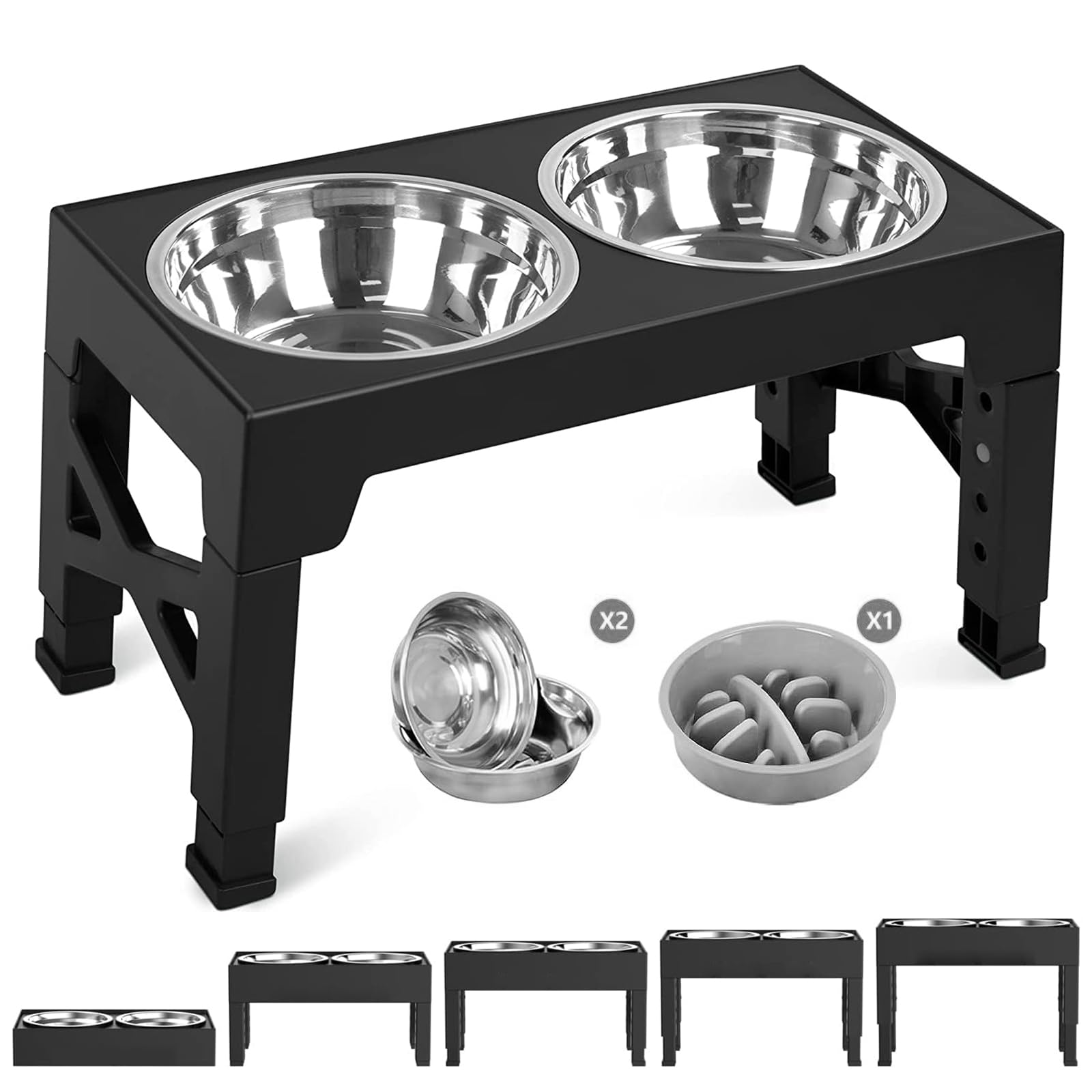 PETCUTE Gamelle Chien Surélevées de 5 Hauteurs Ajustables, Pliable Gamelle pour Chiens avec 2 Bols en Acier Inoxydable, Antidérapant,pour Chiens et Animaux de Compagnie de Petite,Noir