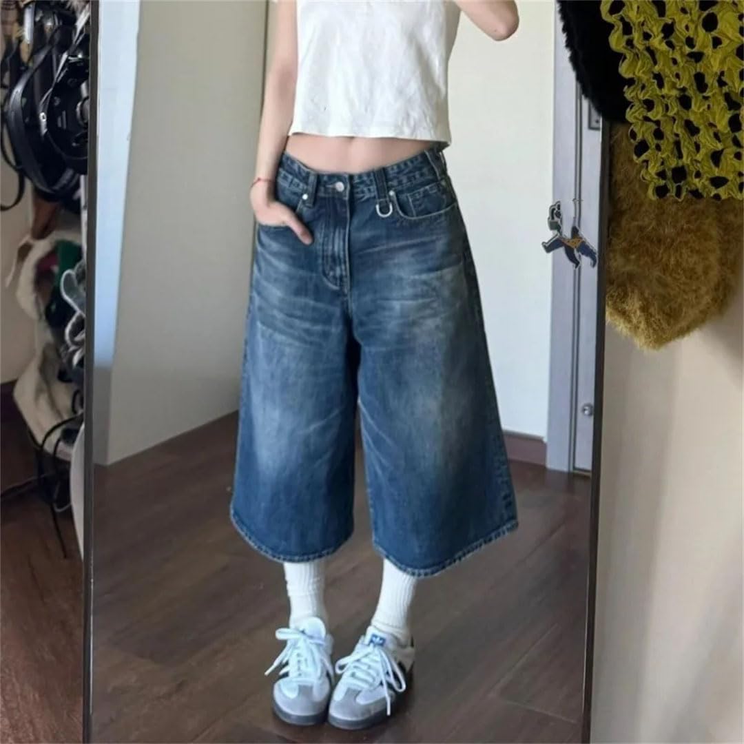 Damskie retro szerokie nogawki workowate denim Harajuku estetyczne szorty z wysokim stanem luźny krój