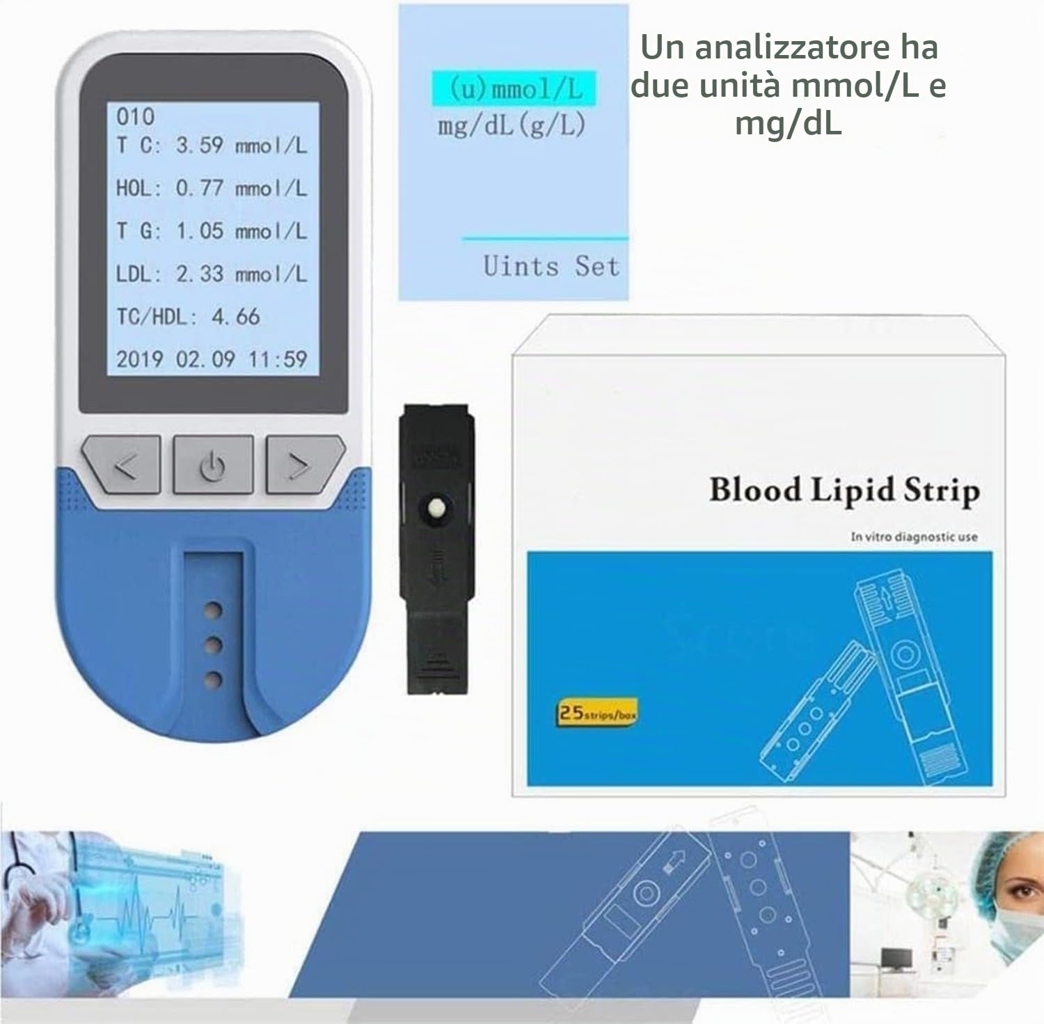 BLUEZY Tester del Colesterolo 4 in 1, Misuratore Colesterolo con 25 Strisce, Test Lipidico del Sangue Completamente Automatico per L'analisi di Colesterolo Totale, Trigliceridi, LDL, HDL A