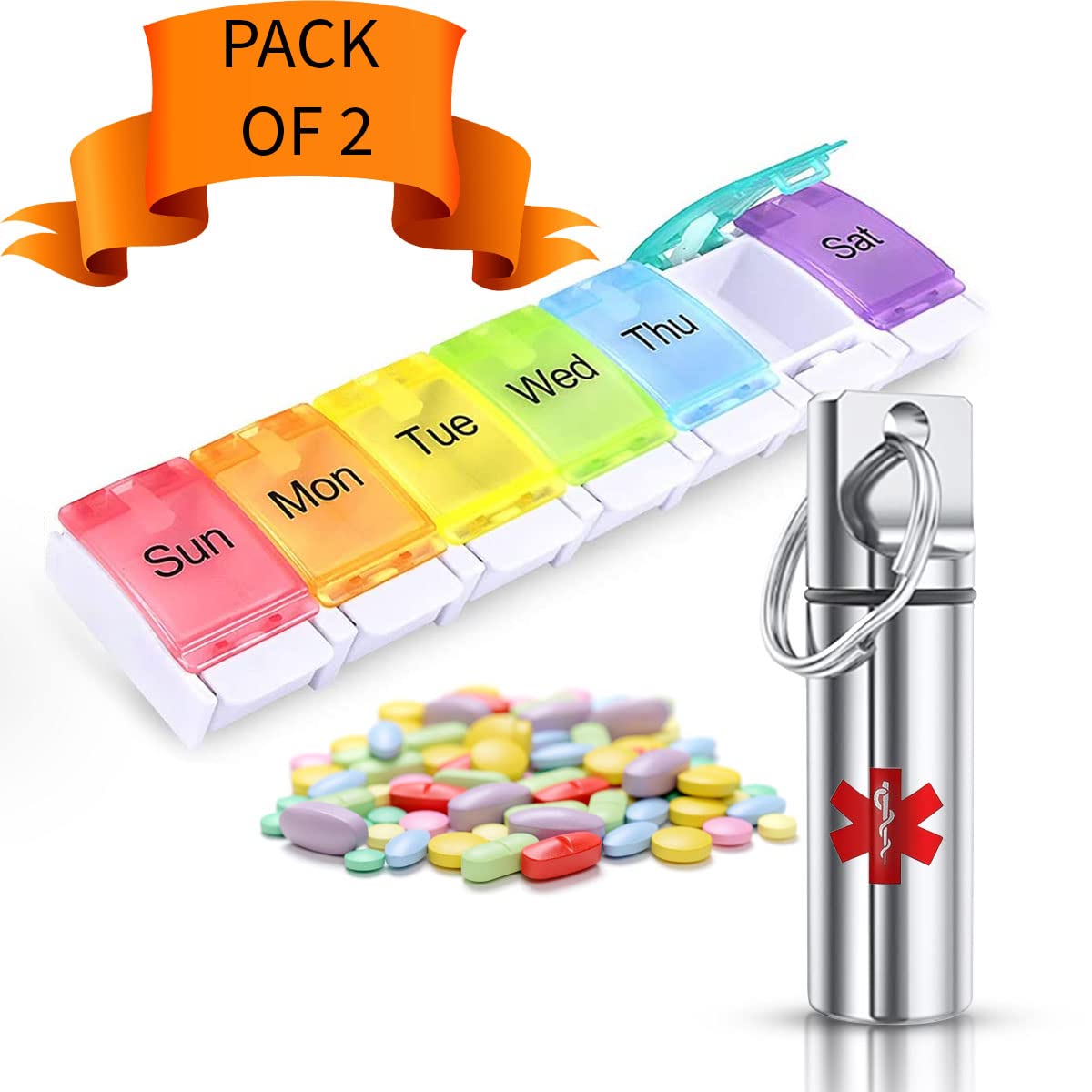 GOU 7 Day / 1 Week Rainbow Pill Organizer Box AND Silver Metal Pocket-Friendly/Moisture/Waterproof 1 day pill box for Pills/Vitamin/Fish Oil/Supplements