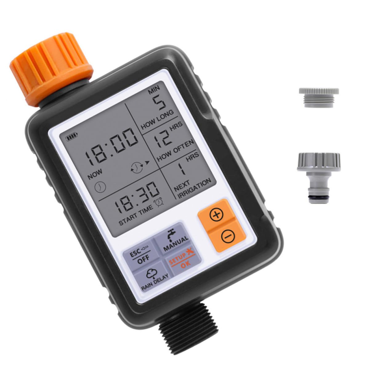 Temporizador de Riego Digital de 1 Juego Pantalla y Controlador | Plástico Negro, Entrada Rosca Interna 3/4 y Salida Rosca Externa 3/4, Protección Ip65 y Pilas Aa No Incluidas