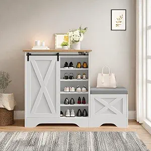 DWVO Farmhouse Shoe Storage Cabinet with Bench, 5-Tier Slim Shoe Cabinet with Adjustable Shelves for 20 Pairs with Sliding Door for Entryway, Hallway, Living Room (White)