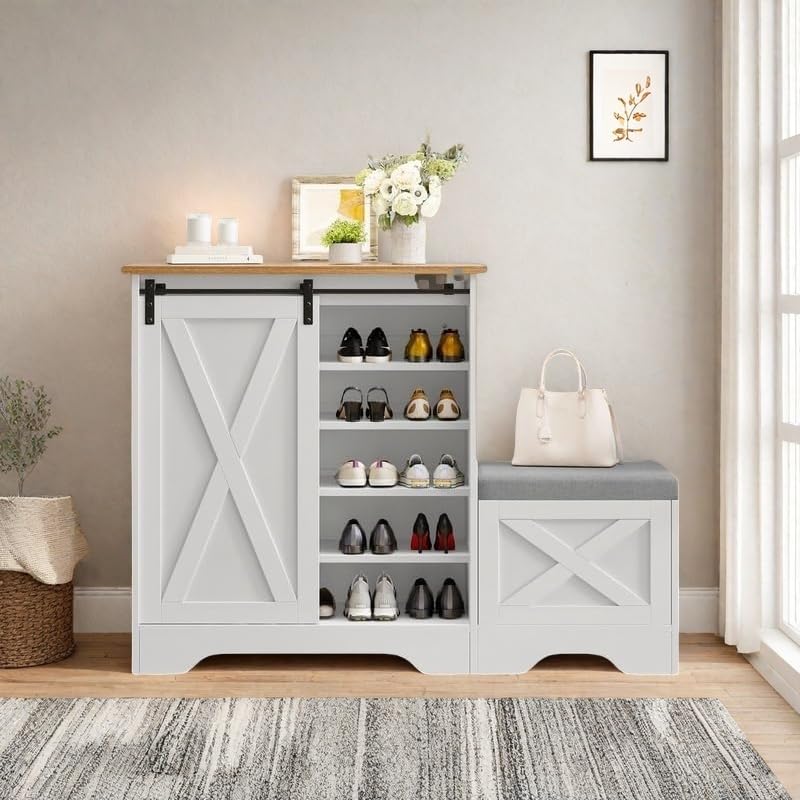 DWVO Farmhouse Shoe Storage Cabinet with Bench, 5-Tier Slim Shoe Cabinet with Adjustable Shelves for 20 Pairs with Sliding Door for Entryway, Hallway, Living Room (White)