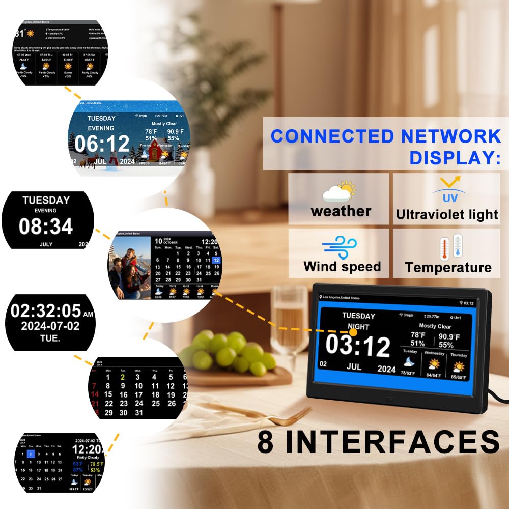Reloj de calendario digital con alarma de día y fecha, con temperatura climática, humidificación, demencia, Alzheimer, ancianos, regulable, automático, 8 opciones de alarma (10.1 pulgadas