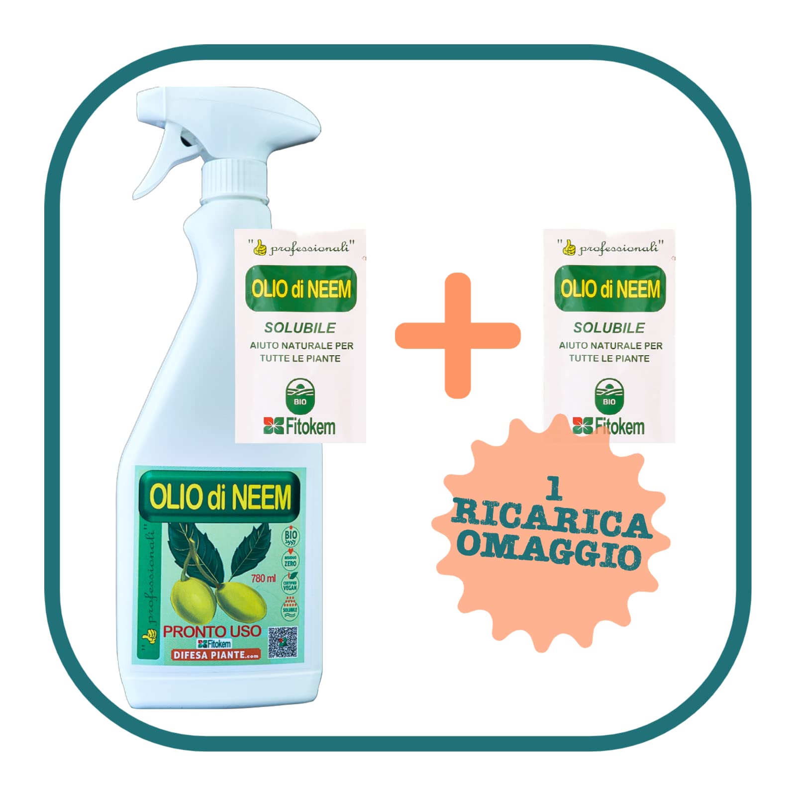 Fitokem | Olio di Neem Biologico Spruzzino 780ml - KIT COMPOSTO DA SPRUZZINO (DA RIEMPIRE) E N°1 BUSTINA DI CONCENTRATO DA DILUIRE CON ATTENZIONE COME DA ISTRUZIONI + 1 BUSTINA DI RICARICA IN OMAGGIO